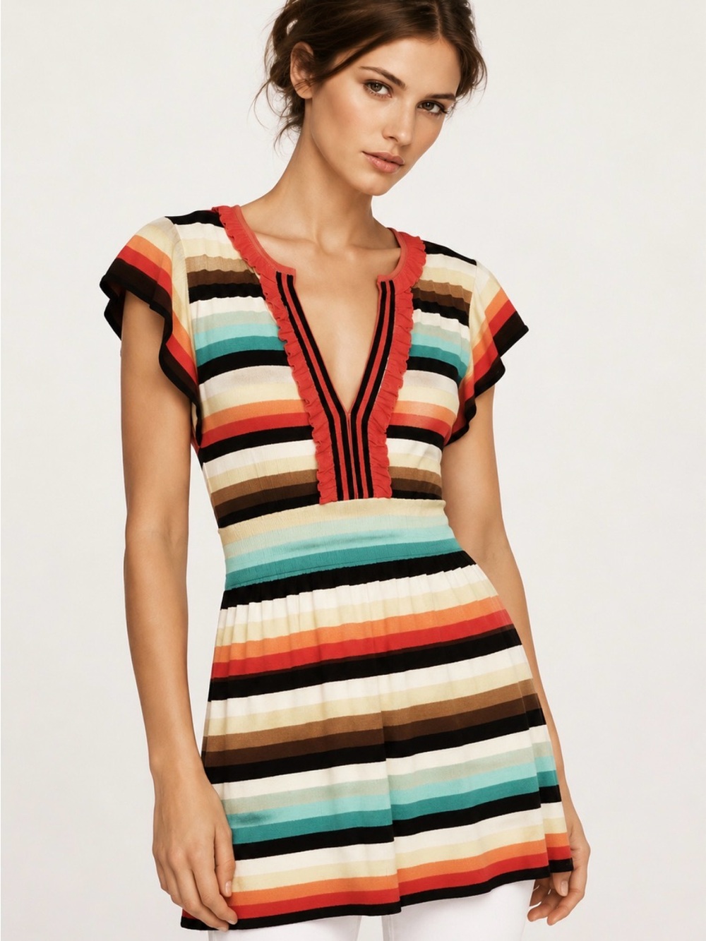 BCBGMAXAZRIA Multicolor Striped Ruffle Sweater Knit Top | Size Small